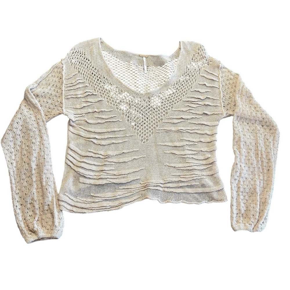 Free People Tan Open Knit Ruffle V-Neck‎ Linen Blend Crop Sweater Small - Picture 3 of 8
